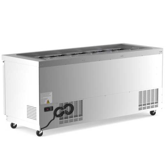 The Coldline CBT-72 is a 72-inch stainless steel refrigerated salad bar and buffet table, designed for high-volume settings to keep salads, fruits, and cold dishes fresh and accessible for guests.