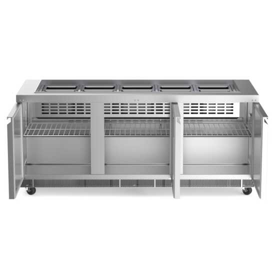 The Coldline CBT-72 is a 72-inch stainless steel refrigerated salad bar and buffet table, designed for high-volume settings to keep salads, fruits, and cold dishes fresh and accessible for guests.