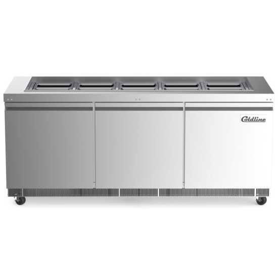 The Coldline CBT-72 is a 72-inch stainless steel refrigerated salad bar and buffet table, designed for high-volume settings to keep salads, fruits, and cold dishes fresh and accessible for guests.