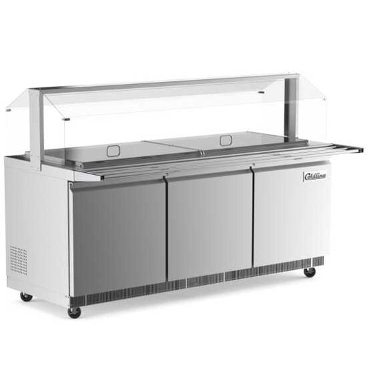 The Coldline CBT-72-CSG is a 72-inch stainless steel refrigerated salad bar with a sneeze guard, tray slide, and pan cover, designed for large buffets to keep salads and cold dishes fresh and safe.