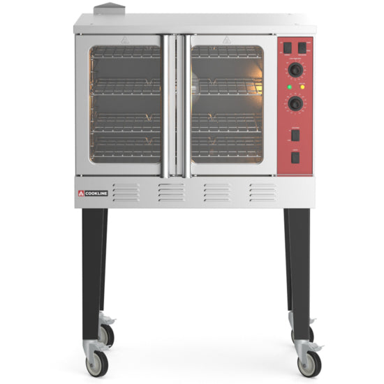 Cookline CC100-SGL Single Deck Full-Size Gas Convection Oven - 54,000 BTU. Features powerful heating, even airflow for consistent baking, a durable stainless steel build, and user-friendly controls. Ideal for commercial kitchens, bakeries, and restaurants.