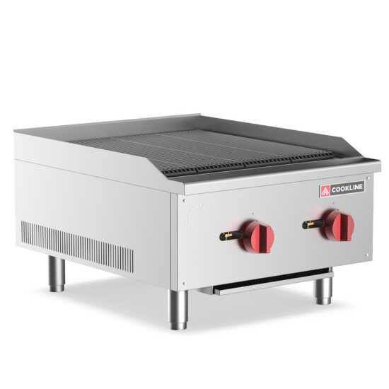 Cookline CCB-24 24" gas countertop radiant charbroiler with 60,000 BTUs, designed for grilling meats and vegetables efficiently in commercial kitchens, featuring durable construction and high heat output.