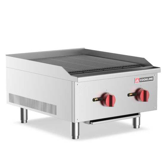 Cookline CCB-24 24" gas countertop radiant charbroiler with 60,000 BTUs, designed for grilling meats and vegetables efficiently in commercial kitchens, featuring durable construction and high heat output.
