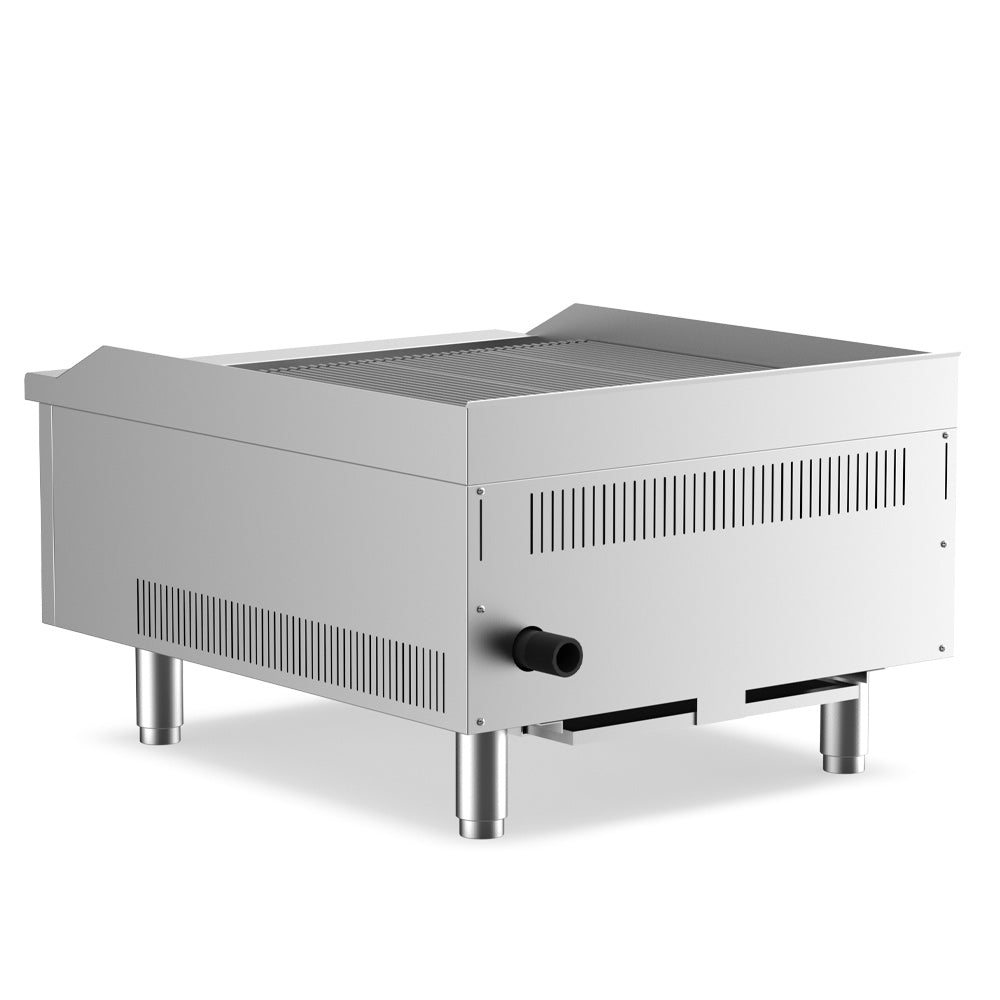 Cookline CCB-24 24" gas countertop radiant charbroiler with 60,000 BTUs, designed for grilling meats and vegetables efficiently in commercial kitchens, featuring durable construction and high heat output.