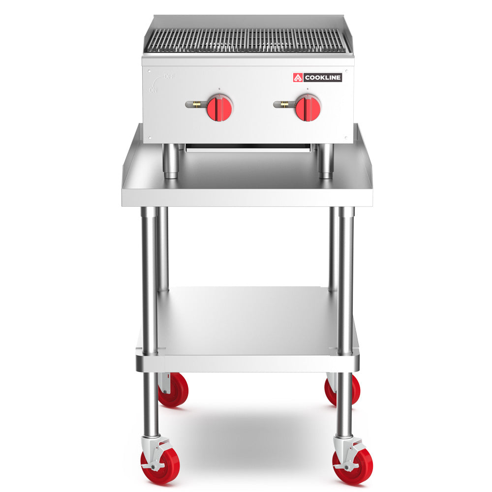 Cookline CCB-24 24" gas countertop radiant charbroiler with 60,000 BTUs, designed for grilling meats and vegetables efficiently in commercial kitchens, featuring durable construction and high heat output.