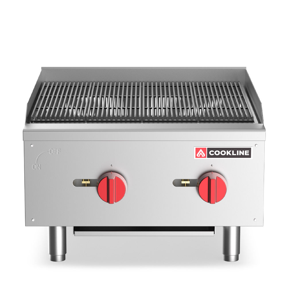 Cookline CCB-24 24" gas countertop radiant charbroiler with 60,000 BTUs, designed for grilling meats and vegetables efficiently in commercial kitchens, featuring durable construction and high heat output.