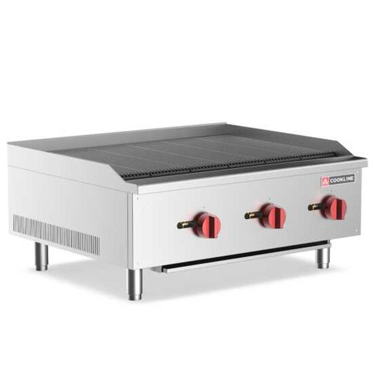 Cookline CCB-36 36" gas countertop radiant charbroiler, providing 90,000 BTUs, ideal for high-capacity grilling of meats and vegetables in commercial kitchens, ensuring efficient and even cooking.