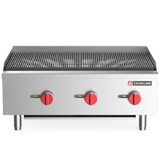 Cookline CCB-36 36" gas countertop radiant charbroiler, providing 90,000 BTUs, ideal for high-capacity grilling of meats and vegetables in commercial kitchens, ensuring efficient and even cooking.