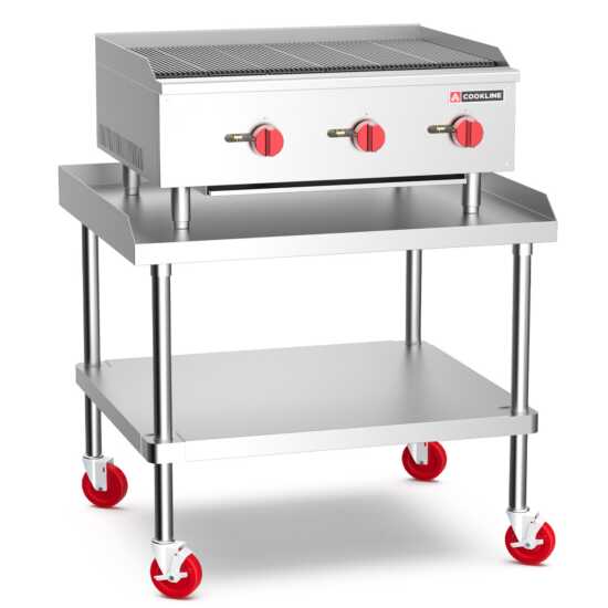 Cookline CCB-36 36" gas countertop radiant charbroiler, providing 90,000 BTUs, ideal for high-capacity grilling of meats and vegetables in commercial kitchens, ensuring efficient and even cooking.