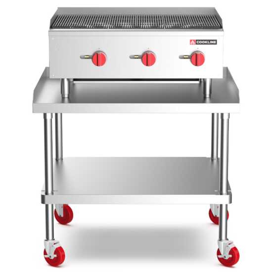 Cookline CCB-36 36" gas countertop radiant charbroiler, providing 90,000 BTUs, ideal for high-capacity grilling of meats and vegetables in commercial kitchens, ensuring efficient and even cooking.