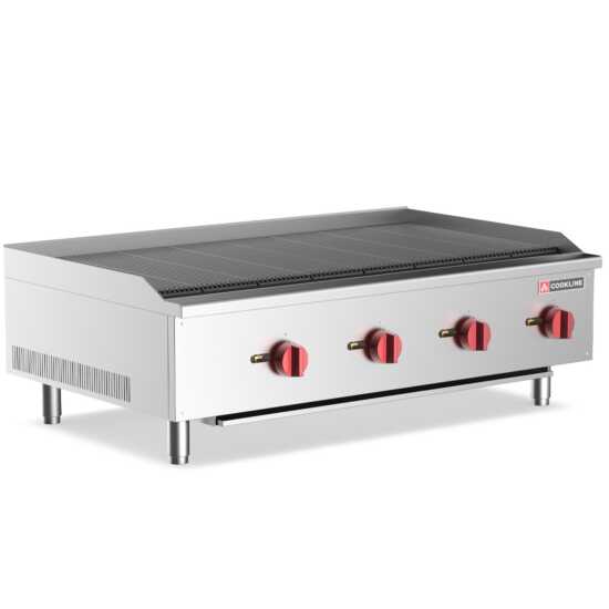 Cookline CCB-48 48" gas countertop radiant charbroiler with 120,000 BTUs, designed for high-volume grilling in commercial kitchens, perfect for evenly cooking meats and vegetables efficiently.