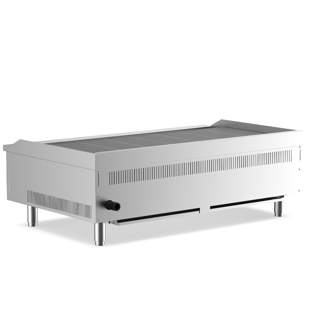 Cookline CCB-48 48" gas countertop radiant charbroiler with 120,000 BTUs, designed for high-volume grilling in commercial kitchens, perfect for evenly cooking meats and vegetables efficiently.