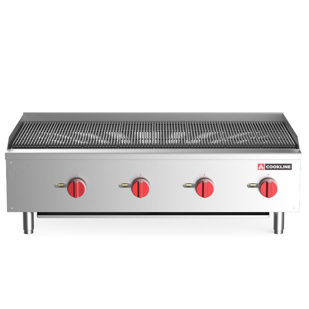 Cookline CCB-48 48" gas countertop radiant charbroiler with 120,000 BTUs, designed for high-volume grilling in commercial kitchens, perfect for evenly cooking meats and vegetables efficiently.