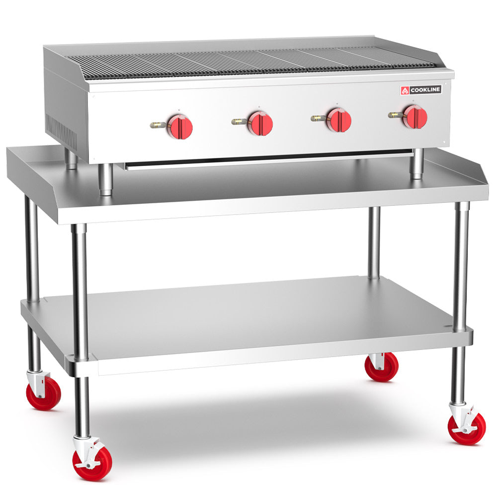 Cookline CCB-48 48" gas countertop radiant charbroiler with 120,000 BTUs, designed for high-volume grilling in commercial kitchens, perfect for evenly cooking meats and vegetables efficiently.