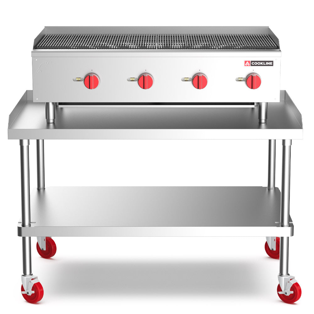 Cookline CCB-48 48" gas countertop radiant charbroiler with 120,000 BTUs, designed for high-volume grilling in commercial kitchens, perfect for evenly cooking meats and vegetables efficiently.