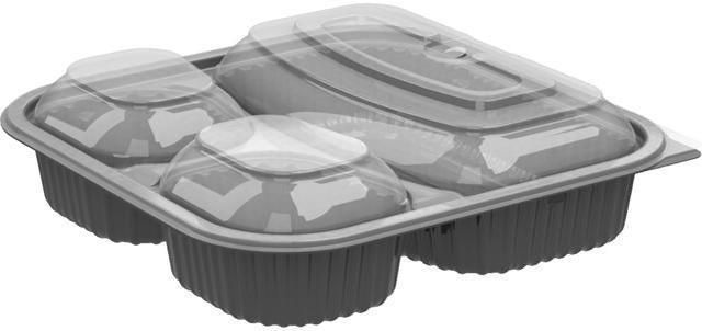 8" square 3-compartment container black base clear lid durable meal prep takeout food storage leak-resistant compact