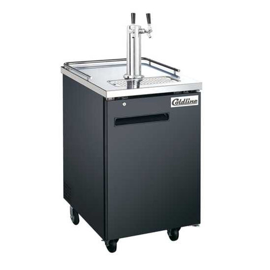 Coldline CDD-1 24-inch black refrigerated direct draw beer dispenser with 2 taps. Ideal for bars and restaurants, this compact unit keeps beer chilled and ready to serve directly from the tap.