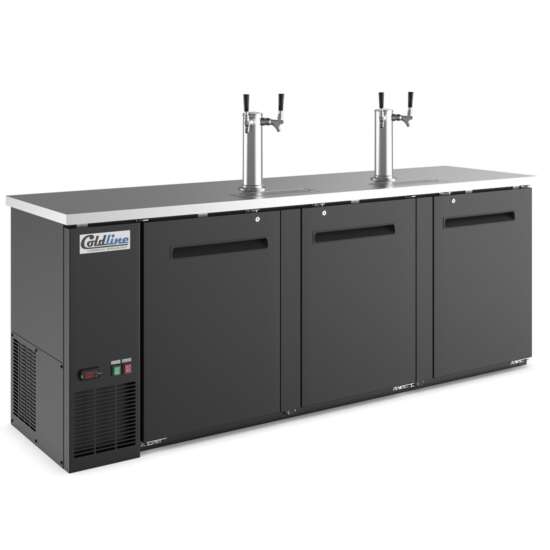 Coldline CDD-4 90-inch black 4-tap refrigerated direct draw beer dispenser, designed for serving draft beer with optimal cooling and a sleek, professional appearance for bars and restaurants