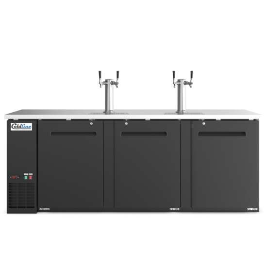 Coldline CDD-4 90-inch black 4-tap refrigerated direct draw beer dispenser, designed for serving draft beer with optimal cooling and a sleek, professional appearance for bars and restaurants