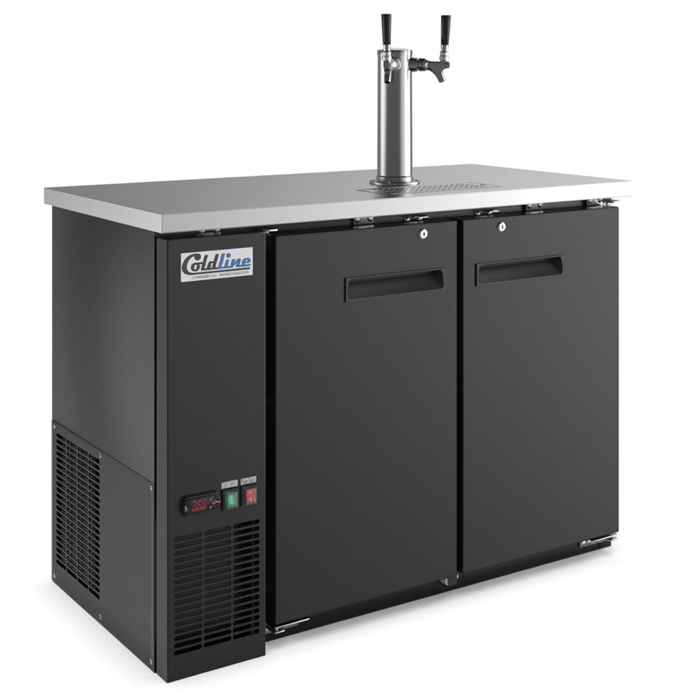 Coldline CDD-48 48-inch black refrigerated direct draw beer dispenser with 2 taps. Perfect for bars and restaurants, this unit keeps beer cold and ready to serve from the taps for high-volume use.