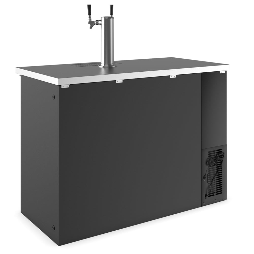 Coldline CDD-48 48-inch black refrigerated direct draw beer dispenser with 2 taps. Perfect for bars and restaurants, this unit keeps beer cold and ready to serve from the taps for high-volume use.