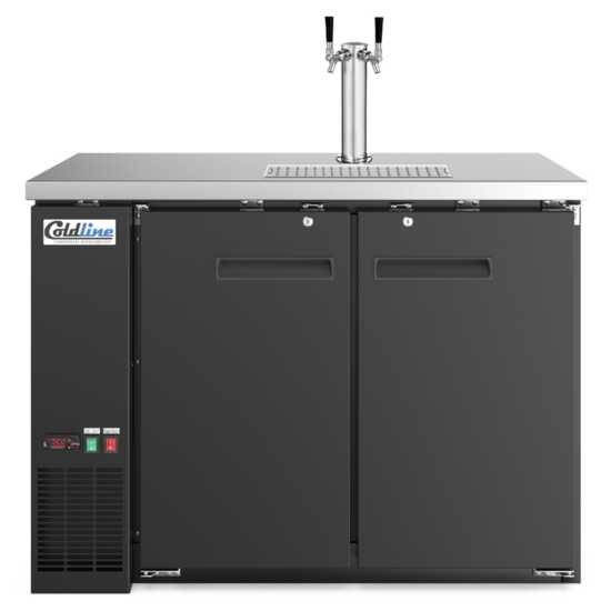 Coldline CDD-48 48-inch black refrigerated direct draw beer dispenser with 2 taps. Perfect for bars and restaurants, this unit keeps beer cold and ready to serve from the taps for high-volume use.