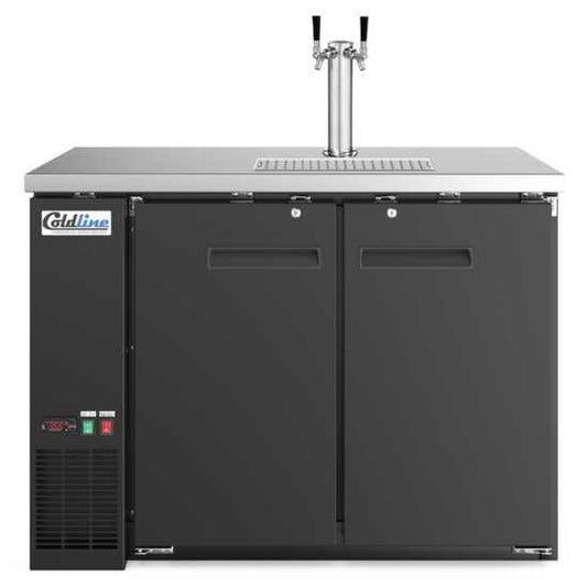 Coldline CDD-48 48-inch black refrigerated direct draw beer dispenser with 2 taps. Perfect for bars and restaurants, this unit keeps beer cold and ready to serve from the taps for high-volume use.