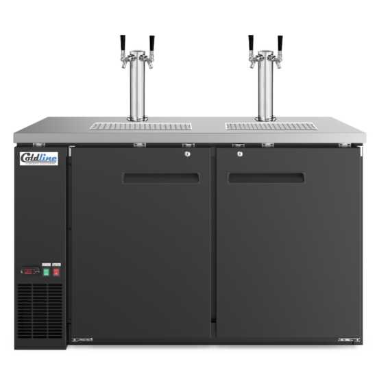 Coldline CDD-60 60-inch black refrigerated direct draw beer dispenser with 4 taps. Ideal for high-traffic bars and restaurants, this unit keeps beer chilled and readily available from multiple taps.