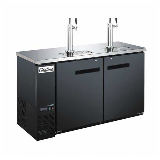 Coldline CDD-60 60-inch black refrigerated direct draw beer dispenser with 4 taps. Ideal for high-traffic bars and restaurants, this unit keeps beer chilled and readily available from multiple taps.