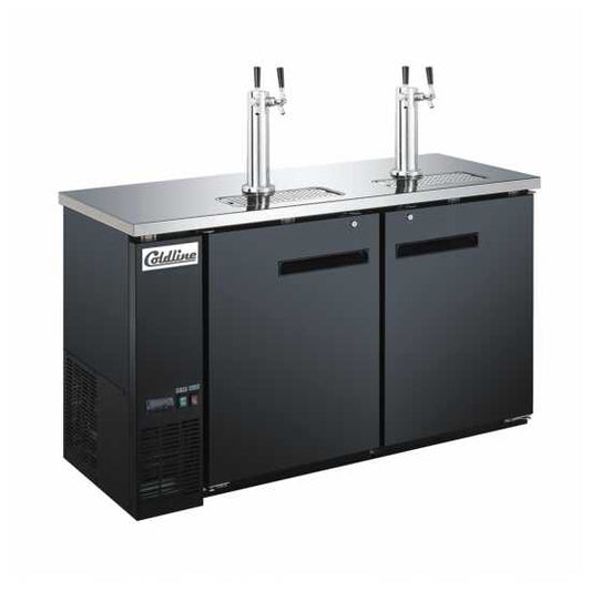 Coldline CDD-60 60-inch black refrigerated direct draw beer dispenser with 4 taps. Ideal for high-traffic bars and restaurants, this unit keeps beer chilled and readily available from multiple taps.