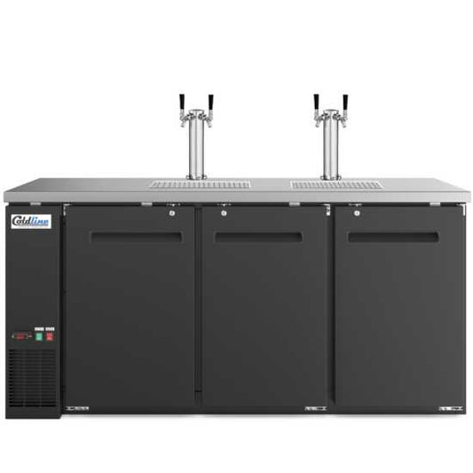 Coldline CDD-72 72-inch black refrigerated direct draw beer dispenser with 4 taps. Designed for busy bars and restaurants, this large unit maintains beer at the perfect temperature and provides easy access from multiple taps.