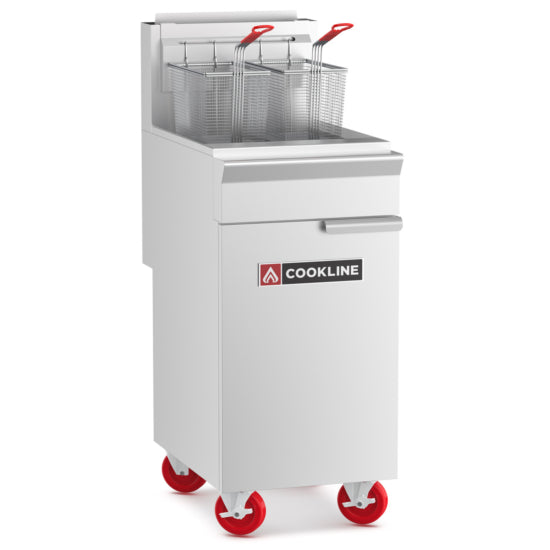 Cookline CF40-NG Commercial 40 lb Natural Gas Deep Fryer - 90,000 BTU, designed for high-efficiency frying in commercial kitchens, ideal for preparing fried foods in restaurants and catering services.