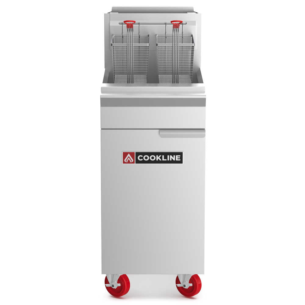 Cookline CF40-LP Commercial 40 lb Liquid Propane Gas Deep Fryer - 90,000 BTU, engineered for efficient frying in commercial kitchens, perfect for restaurants and catering services preparing a variety of fried foods.
