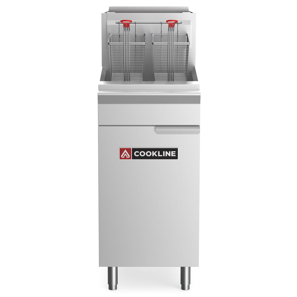 Cookline CF50-NG Commercial 50 lb Natural Gas Deep Fryer with 4 Tubes - 120,000 BTU, designed for high-efficiency frying in commercial kitchens, ideal for preparing large quantities of fried foods.