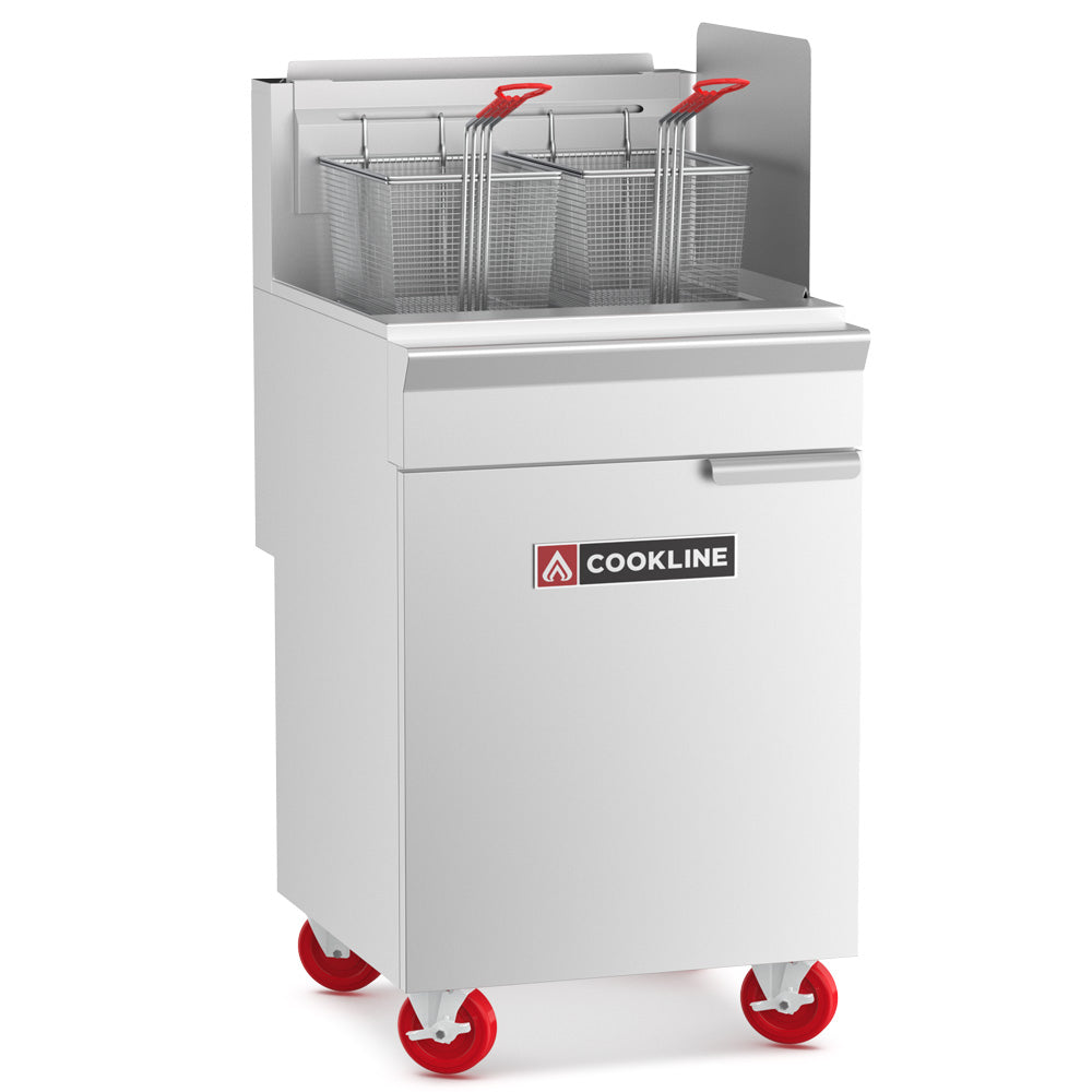 Cookline CF75-NG Commercial 75 lb Natural Gas Deep Fryer - 170,000 BTU, designed for high-volume frying in commercial kitchens, ideal for preparing large batches of fried foods efficiently.