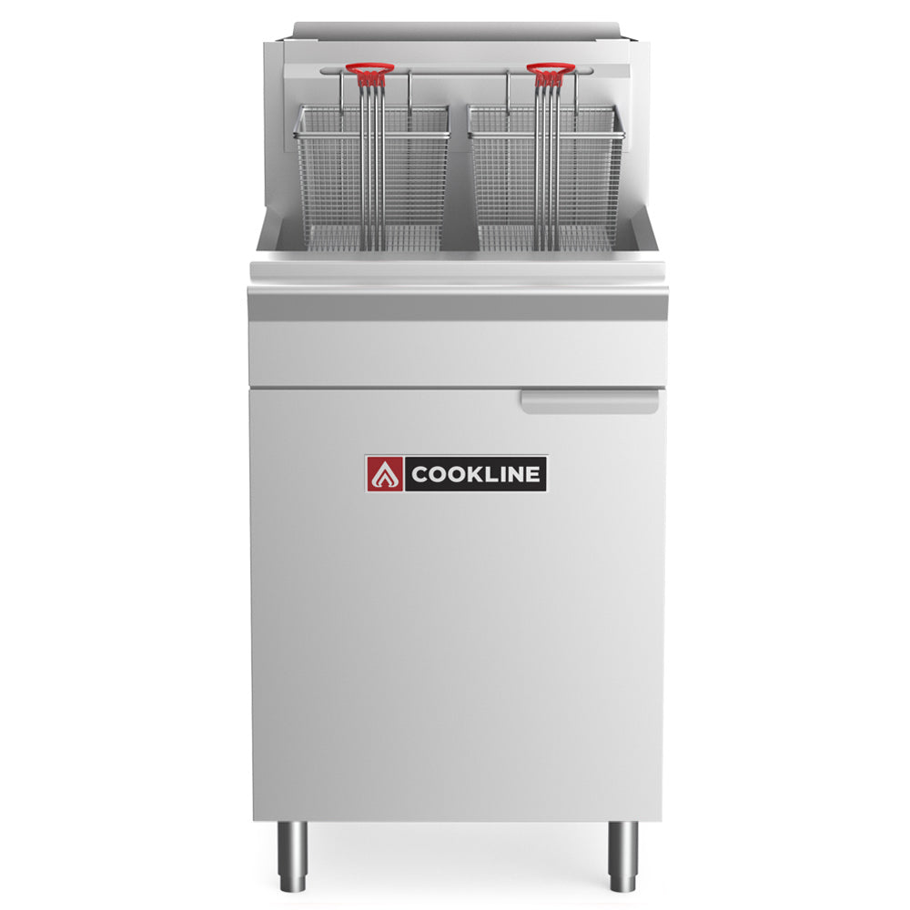 Cookline CF75-NG Commercial 75 lb Natural Gas Deep Fryer - 170,000 BTU, designed for high-volume frying in commercial kitchens, ideal for preparing large batches of fried foods efficiently.