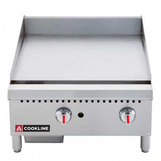 Cookline CGG-24M 24" Commercial Countertop Gas Griddle with Manual Controls and 60,000 BTU, designed for efficient cooking in commercial kitchens, perfect for grilling meats, vegetables, and more.