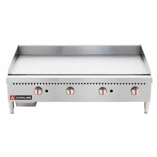 Cookline CGG-48M 48" Commercial Countertop Gas Griddle with Manual Controls and 120,000 BTU, designed for efficient high-volume cooking in commercial kitchens, perfect for grilling meats, pancakes, and more.