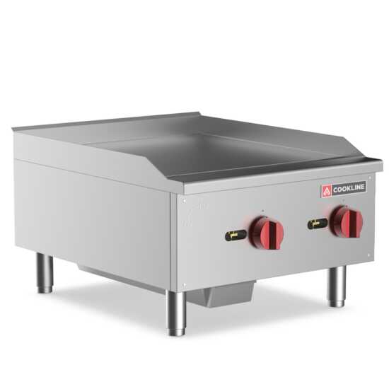 Cookline CGG-24M 24" Commercial Countertop Gas Griddle with Manual Controls and 60,000 BTU, designed for efficient cooking in commercial kitchens, perfect for grilling meats, vegetables, and more.