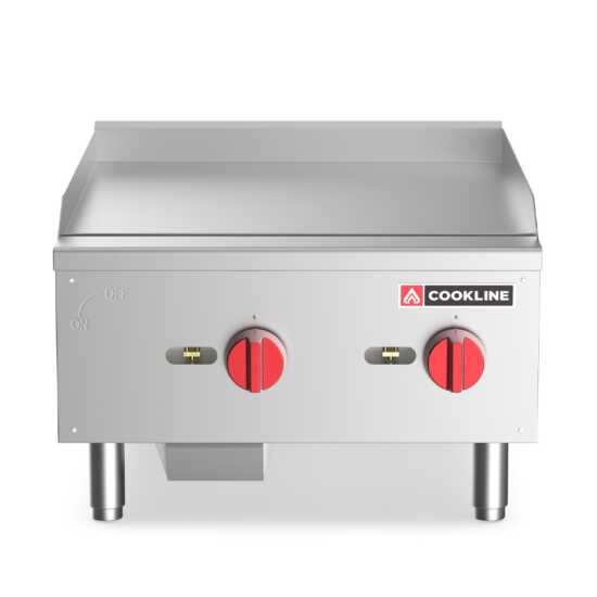 Cookline CGG-24M 24" Commercial Countertop Gas Griddle with Manual Controls and 60,000 BTU, designed for efficient cooking in commercial kitchens, perfect for grilling meats, vegetables, and more.