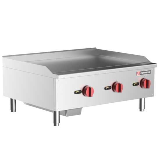 Cookline CGG-36T-HD 36" commercial countertop gas griddle with thermostatic controls, delivering 90,000 BTUs, ideal for cooking a variety of foods quickly and efficiently in busy kitchens.