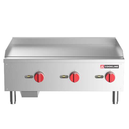 Cookline CGG-36T-HD 36" commercial countertop gas griddle with thermostatic controls, delivering 90,000 BTUs, ideal for cooking a variety of foods quickly and efficiently in busy kitchens.