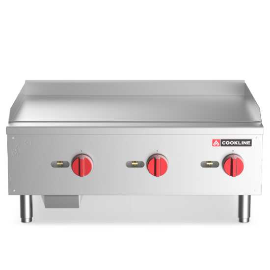 Cookline CGG-36M 36" Commercial Countertop Gas Griddle with Manual Controls and 90,000 BTU, ideal for high-volume cooking in commercial kitchens, perfect for grilling meats, eggs, and vegetables