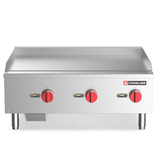 Cookline CGG-36M 36" Commercial Countertop Gas Griddle with Manual Controls and 90,000 BTU, ideal for high-volume cooking in commercial kitchens, perfect for grilling meats, eggs, and vegetables
