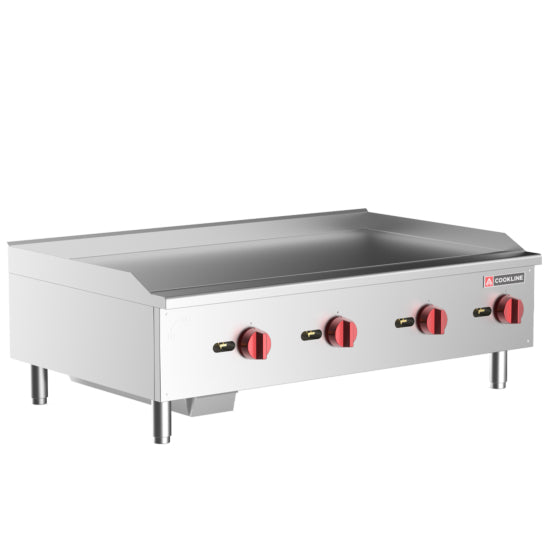 Cookline CGG-48T-HD 48-inch Commercial Countertop Gas Griddle with Thermostatic Controls - 120,000 BTU. Features precise temperature control, a spacious cooking surface, durable stainless steel construction, and powerful heating. Ideal for high-volume kitchens