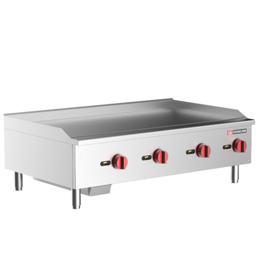 Cookline CGG-48T-HD 48-inch Commercial Countertop Gas Griddle with Thermostatic Controls - 120,000 BTU. Features precise temperature control, a spacious cooking surface, durable stainless steel construction, and powerful heating. Ideal for high-volume kitchens