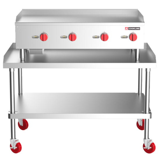Cookline CGG-48T-HD 48-inch Commercial Countertop Gas Griddle with Thermostatic Controls - 120,000 BTU. Features precise temperature control, a spacious cooking surface, durable stainless steel construction, and powerful heating. Ideal for high-volume kitchens