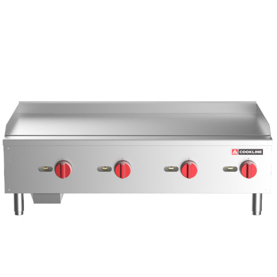 Cookline CGG-48T-HD 48-inch Commercial Countertop Gas Griddle with Thermostatic Controls - 120,000 BTU. Features precise temperature control, a spacious cooking surface, durable stainless steel construction, and powerful heating. Ideal for high-volume kitchens