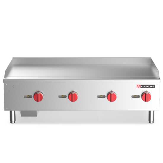 Cookline CGG-48M 48" Commercial Countertop Gas Griddle with Manual Controls and 120,000 BTU, designed for efficient high-volume cooking in commercial kitchens, perfect for grilling meats, pancakes, and more.