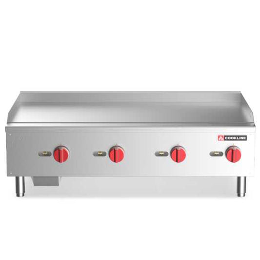 Cookline CGG-48M 48" Commercial Countertop Gas Griddle with Manual Controls and 120,000 BTU, designed for efficient high-volume cooking in commercial kitchens, perfect for grilling meats, pancakes, and more.